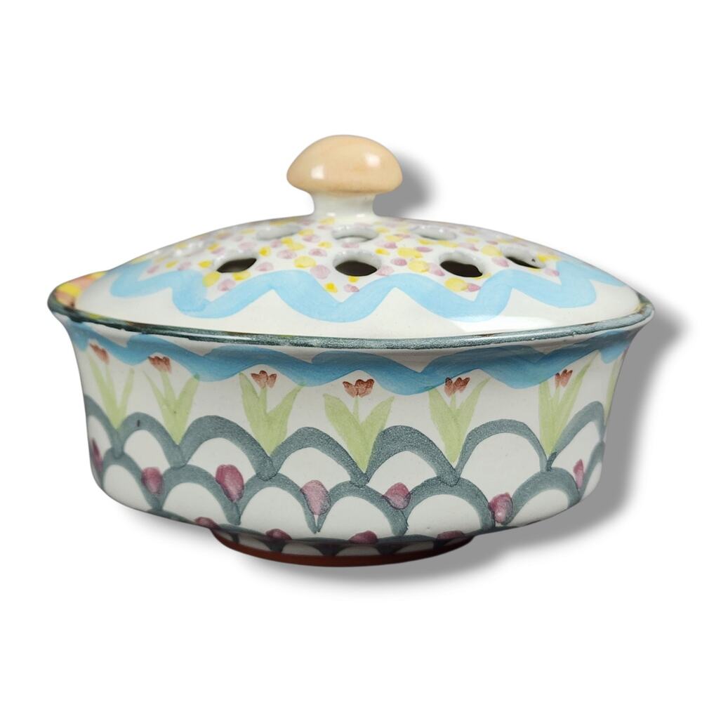 MacKenzie Childs Potpourri Bowl Dish King Ferry Floral Tulip Purple Blue White